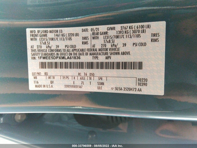 2021 Ford Bronco, VIN: 1FMEE5DPXMLA61836