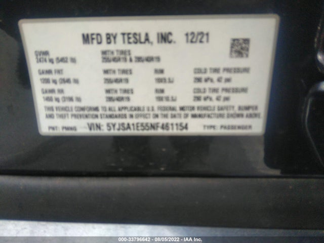 2022 Tesla Model S, VIN: 5YJSA1E55NF461154