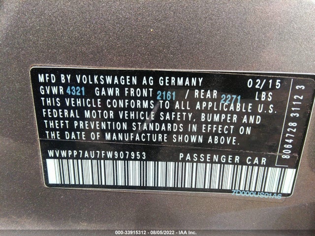 2015 Volkswagen Golf, VIN: WVWPP7AU7FW907953