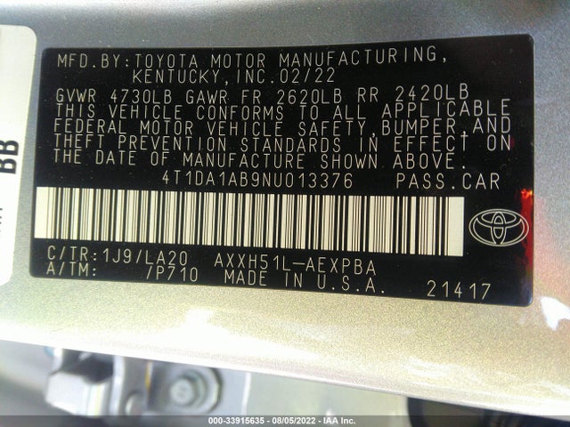 2022 Toyota Avalon, VIN: 4T1DA1AB9NU013376