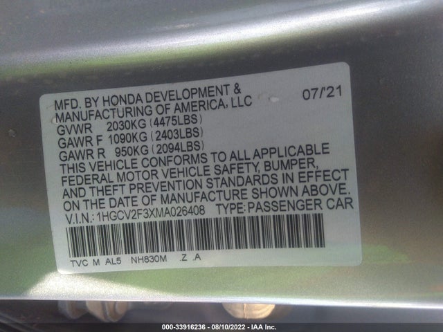 2021 HONDA ACCORD SEDAN SPORT VIN: 1HGCV2F3XMA026408
