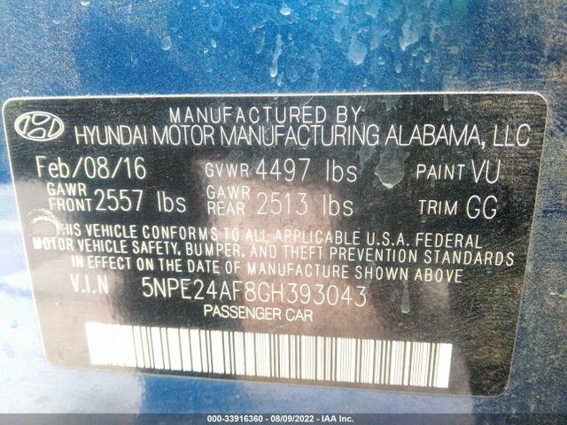 Hyundai Sonata 2.4l 2016 5NPE24AF8GH393043 Image 10