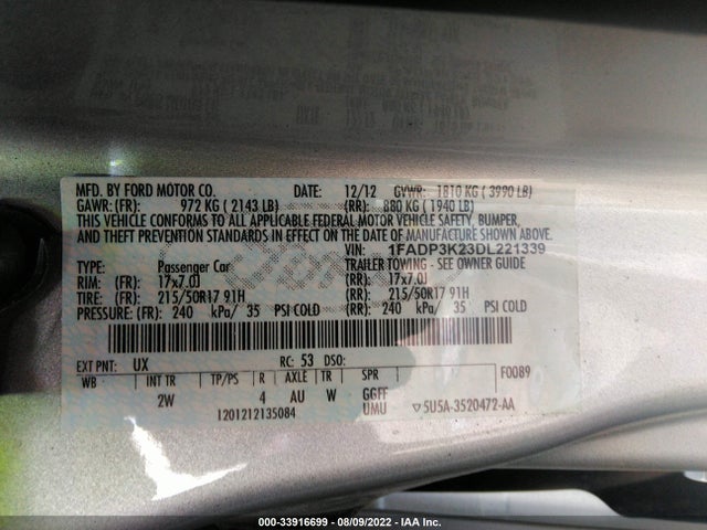 2013 FORD FOCUS SE VIN: 1FADP3K23DL221339