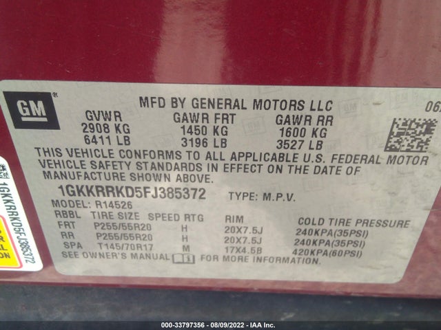 GMC ACADIA SLT 2015 1GKKRRKD5FJ385372 Image 9