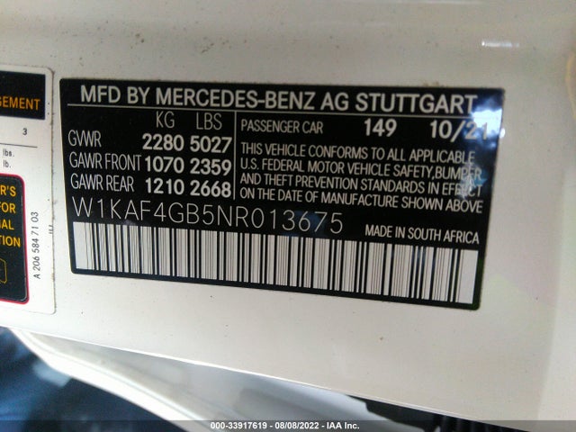 2022 Mercedes-Benz C-Class, VIN: W1KAF4GB5NR013675