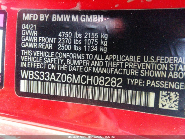 2021 BMW M4, VIN: WBS33AZ06MCH08282