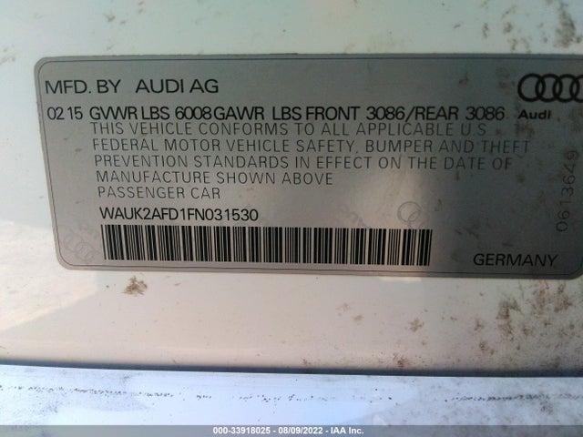 2015 Audi S8, VIN: WAUK2AFD1FN031530