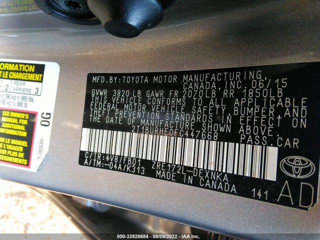 2015 TOYOTA COROLLA L/LE/S/S PLUS/LE PLUS VIN: 2T1BURHE0FC447668