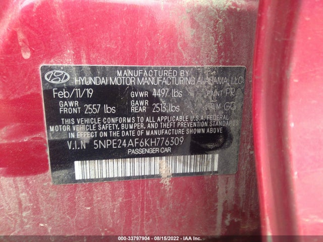 2019 HYUNDAI SONATA SE VIN: 5NPE24AF6KH776309