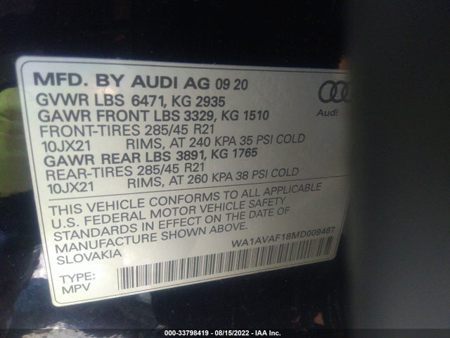 2021 Audi Q8, VIN: WA1AVAF18MD009467