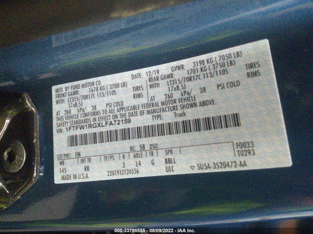 2020 FORD F-150 RAPTOR VIN: 1FTFW1RGXLFA72159