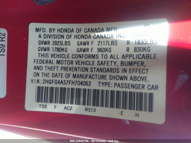2015 HONDA CIVIC COUPE SI VIN: 2HGFG4A57FH704063