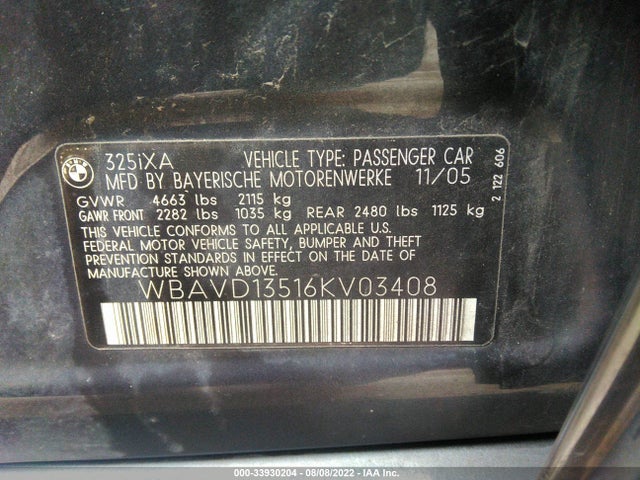 2006 BMW 3 SERIES 325XI VIN: WBAVD13516KV03408