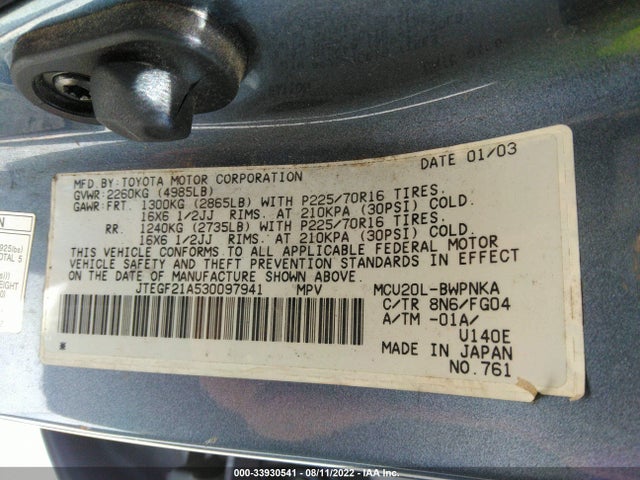2003 TOYOTA HIGHLANDER VIN: JTEGF21A530097941