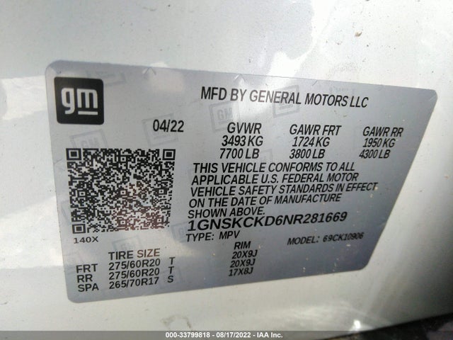 Chevrolet Suburban Lt 2022 1GNSKCKD6NR281669 Image 9