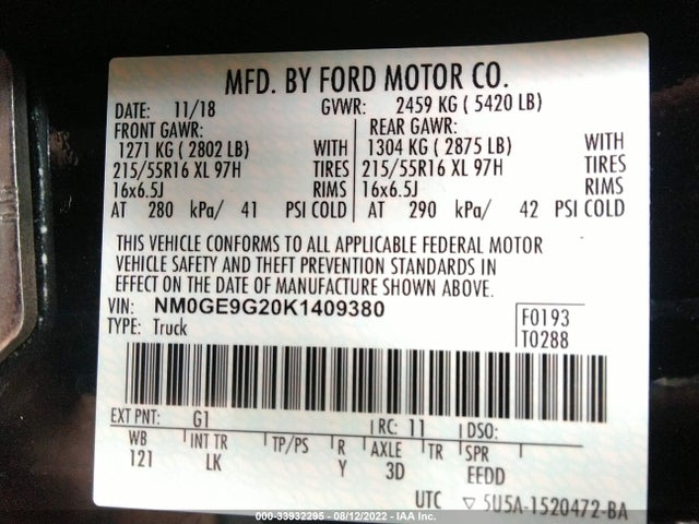 2019 Ford Transit Connect, VIN: NM0GE9G20K1409380