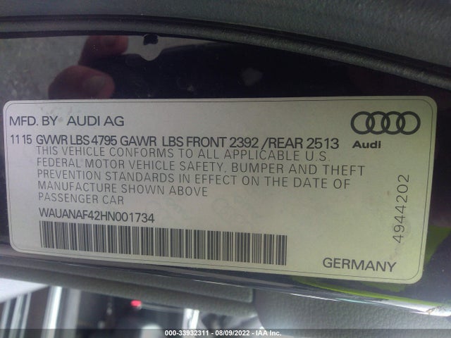 WAUANAF42HN001734 Audi A4 PREMIUM