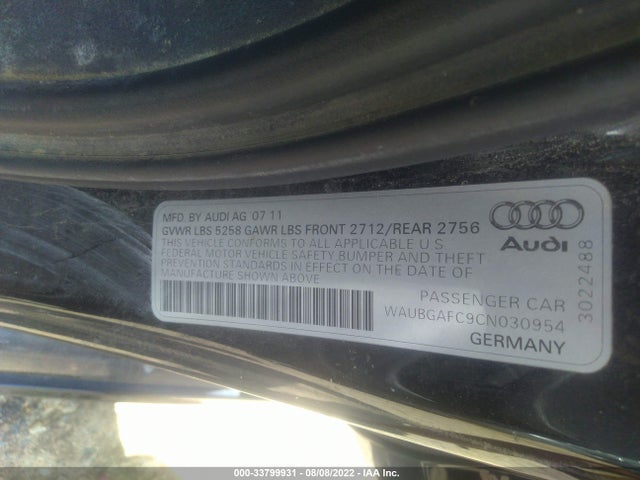 2012 AUDI A6 3.0T PRESTIGE VIN: WAUBGAFC9CN030954