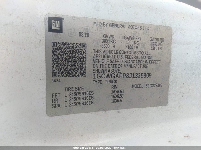 2018 Chevrolet Express, VIN: 1GCWGAFP8J1335809