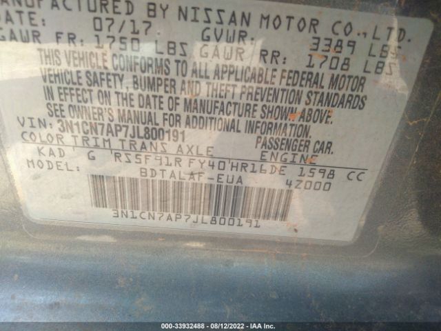 3N1CN7AP7JL800191 Nissan Versa Sedan S