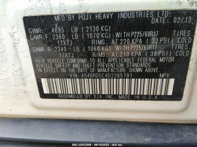 33932588 :رقم المزاد ، 4S4BRDSC4D2285191 vin ، 2013 Subaru Outback 3.6r Limited مزاد بيع