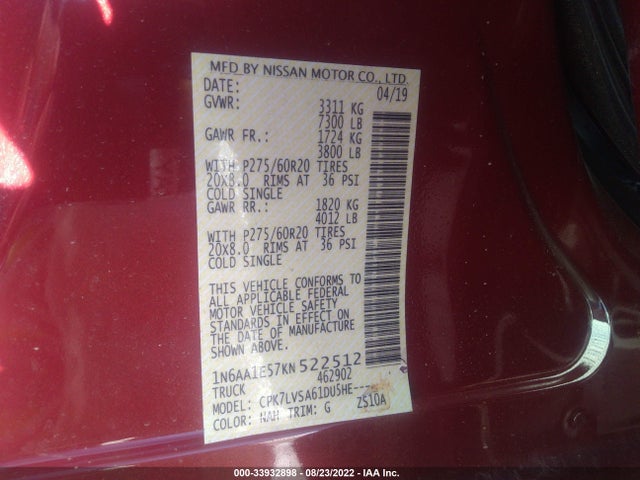 Nissan Titan Sl 2019 1N6AA1E57KN522512 Image 9