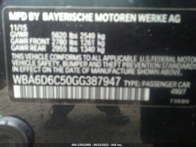 2016 BMW 6 Series, VIN: WBA6D6C50GG387947