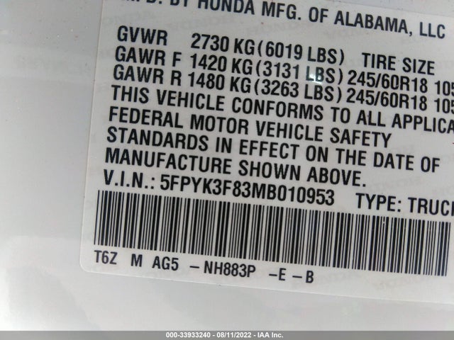 2021 Honda Ridgeline, VIN: 5FPYK3F83MB010953