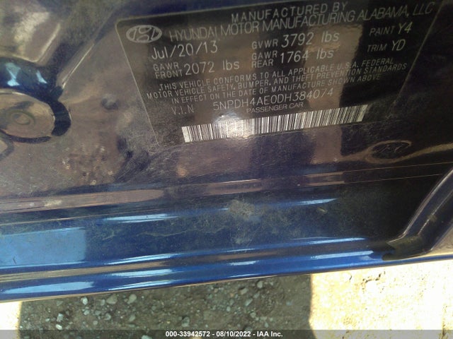 2013 HYUNDAI ELANTRA GLS VIN: 5NPDH4AE0DH384074
