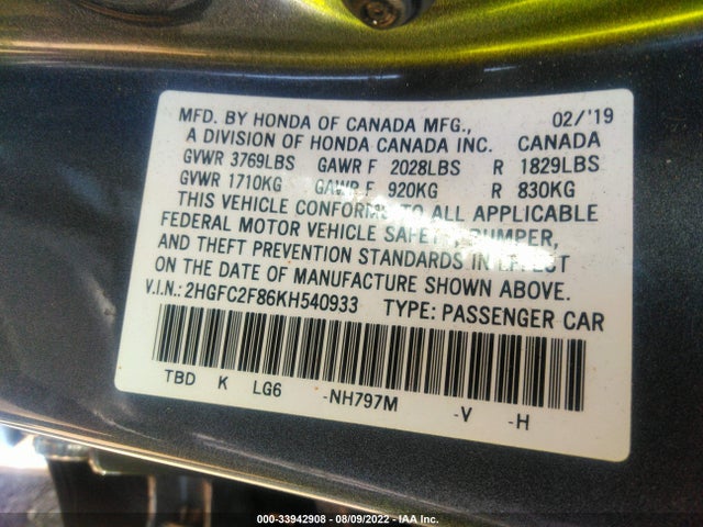 2019 HONDA CIVIC SEDAN SPORT VIN: 2HGFC2F86KH540933