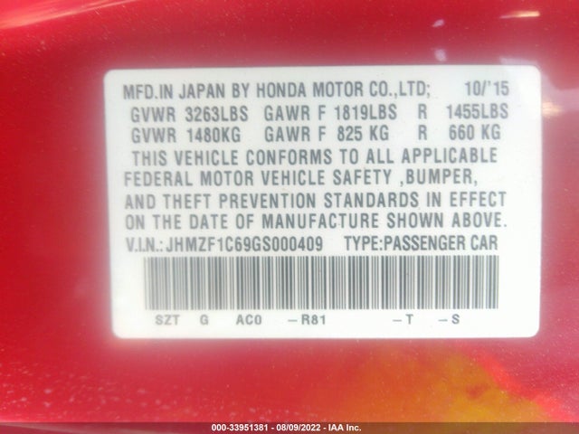 2016 Honda CR-Z, VIN: JHMZF1C69GS000409