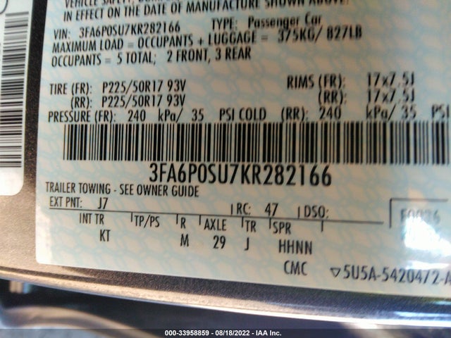2019 Ford Fusion, VIN: 3FA6P0SU7KR282166