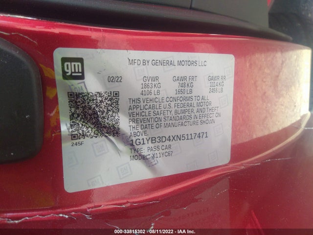 2022 Chevrolet Corvette, VIN: 1G1YB3D4XN5117471