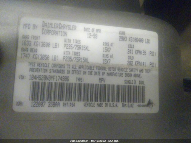 1B4HS28N9YF174986 Dodge Durango