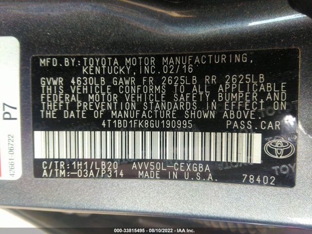 2016 Toyota Camry, VIN: 4T1BD1FK8GU190995