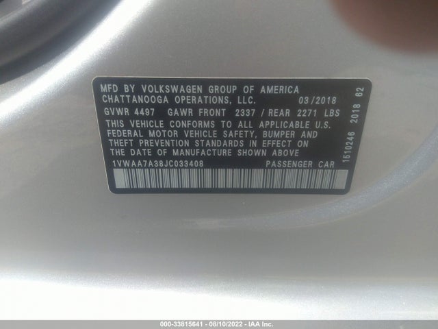 2018 Volkswagen Passat, VIN: 1VWAA7A38JC033408