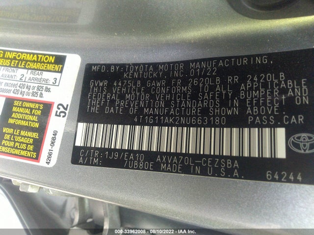 2022 Toyota Camry, VIN: 4T1G11AK2NU663180