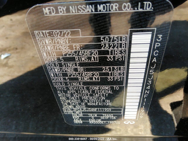 2022 Infiniti QX55, VIN: 3PCAJ5J34NF111909