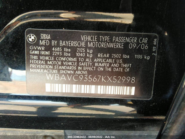 2007 BMW 3 SERIES 328XI VIN: WBAVC93567KX52998