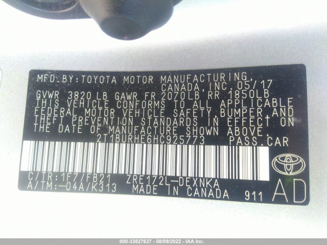 33827637 :رقم المزاد ، 2T1BURHE6HC925773 vin ، 2017 Toyota Corolla L/le/xle/se مزاد بيع