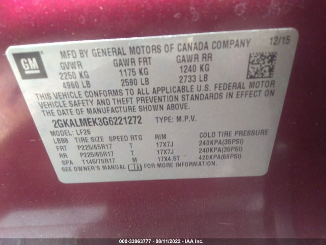 GMC Terrain Sle 2016 2GKALMEK3G6221272 Image 9