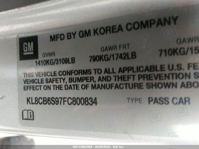 2015 Chevrolet Spark, VIN: KL8CB6S97FC800834