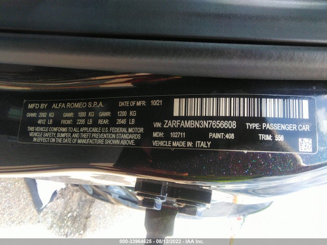 2022 Alfa Romeo Giulia, VIN: ZARFAMBN3N7656608
