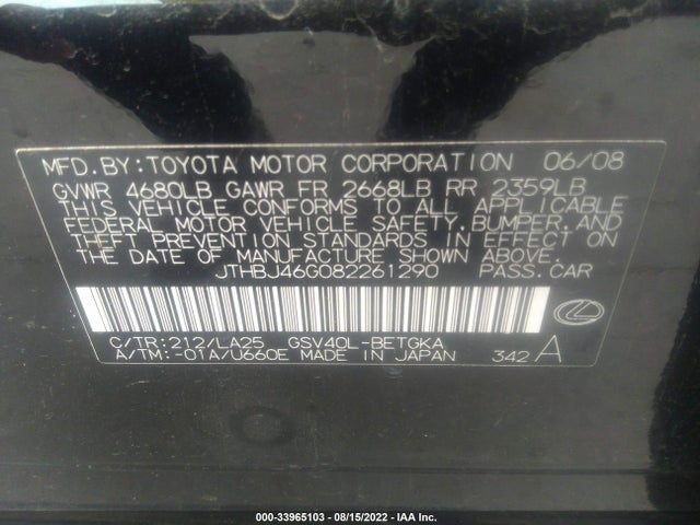 JTHBJ46G082261290 Lexus ES 350