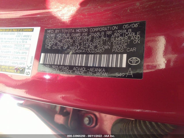 2007 TOYOTA CAMRY CE/LE/SE/XLE VIN: JTNBE46K473023487