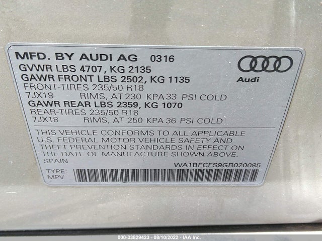 2016 Audi Q3, VIN: WA1BFCFS9GR020085