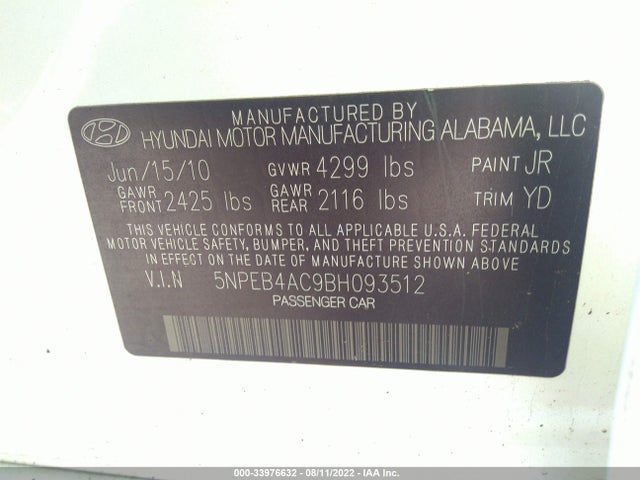 2011 HYUNDAI SONATA GLS VIN: 5NPEB4AC9BH093512