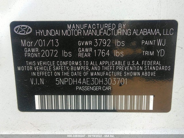 2013 HYUNDAI ELANTRA GLS VIN: 5NPDH4AE3DH303701