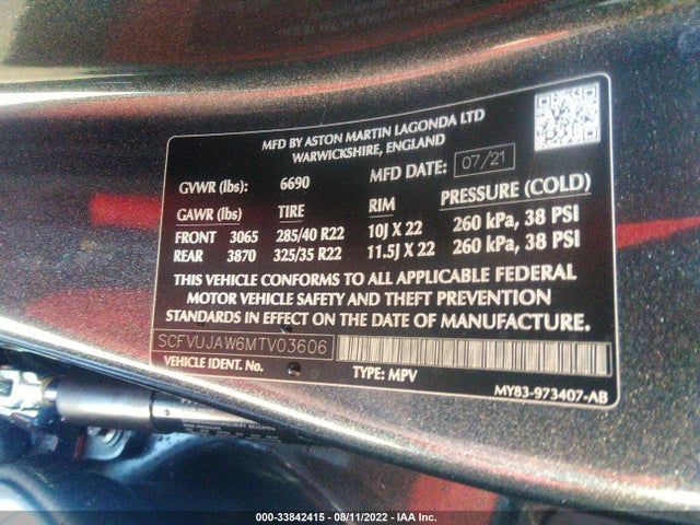2021 Aston Martin DBX, VIN: SCFVUJAW6MTV03606