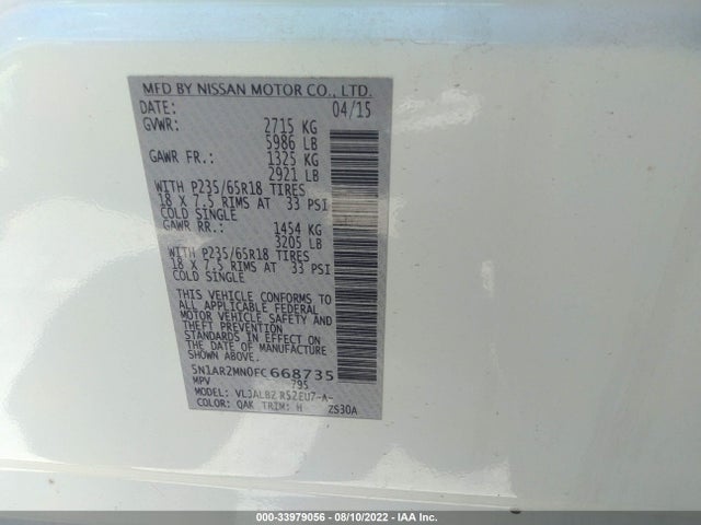2015 NISSAN PATHFINDER S VIN: 5N1AR2MN0FC668735